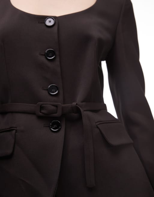 Mango - Blazer d'ensemble ajusté avec ceinture à la taille - Chocolat, 4 de 4