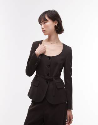 Mango - Blazer in Schokobraun mit schmalem Bindegürtel, Kombiteil