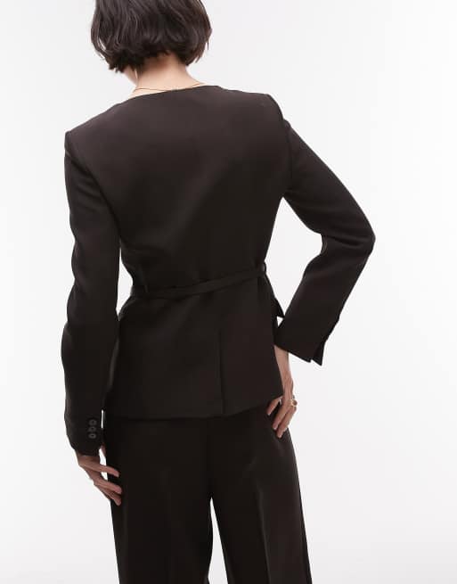Mango – Blazer in Schokobraun mit schmalem Bindegürtel, Kombiteil, 3 von 4