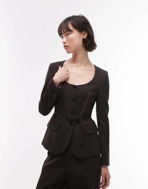 Mango - Blazer slim color cioccolato con cintura in vita in coordinato