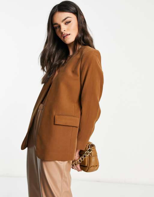 Mango - Blazer zonder kraag in bruin