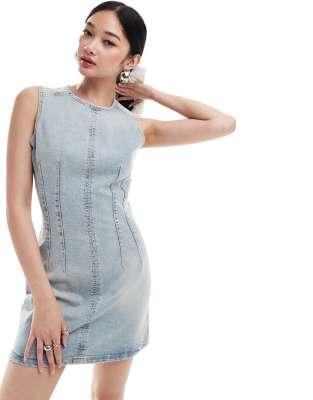 bleach washed denim mini dress in blue