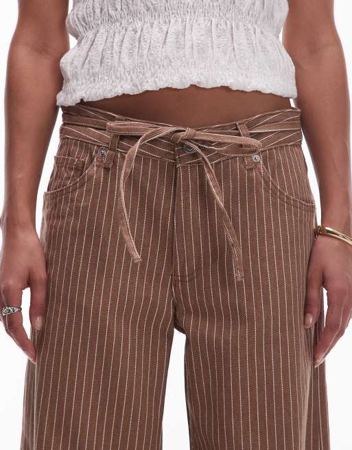 Mango – Blekbruna, randiga baggy jeans med avslappnad passform och knytning i midjan, 5 av 5