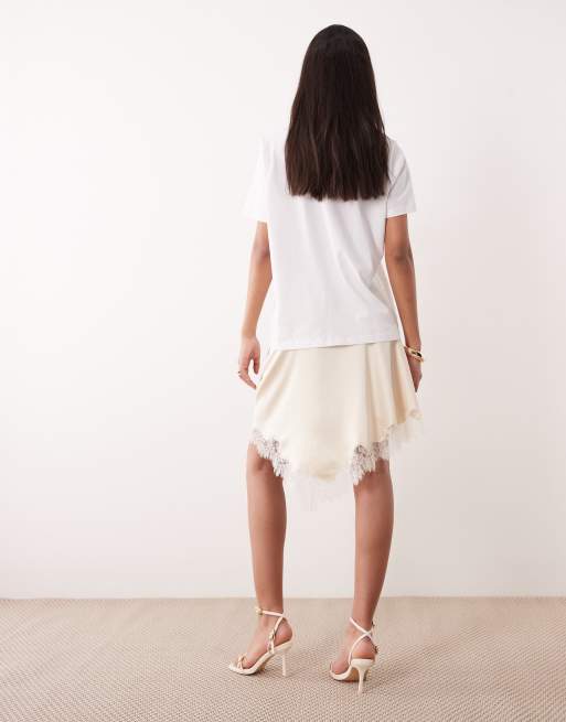 Mango – Blekrosa, asymmetrisk minikjol i satin med spetskant, 5 av 5