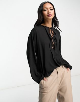 Mango lace up v neck blouse in black - ASOS Price Checker