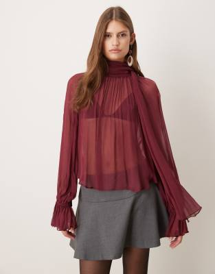 Mango - Blouse à col froncé - Rouge foncé | ASOS