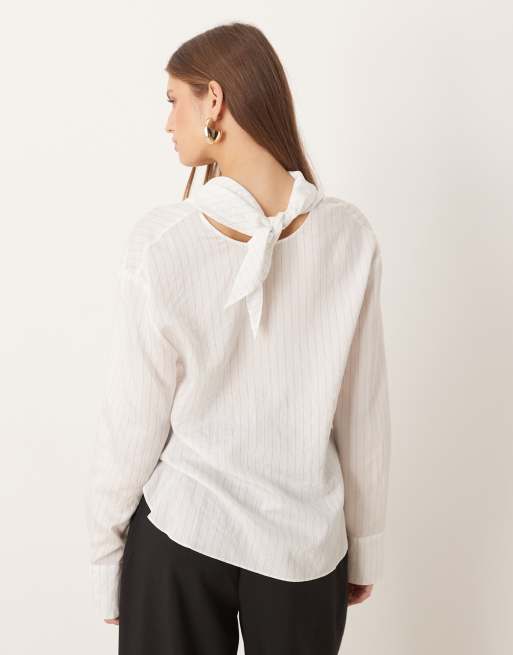 Mango - Blouse à fines rayures et ourlet arrondi - Blanc, 3 de 4