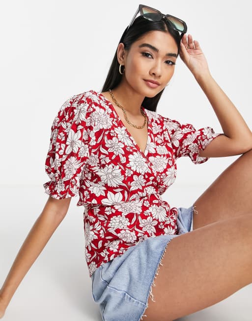 Mango - Blouse à volants, liens et imprimé fleurs - Rouge
