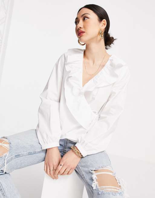 Mango Blouse cache c ur en popeline de coton volants Blanc