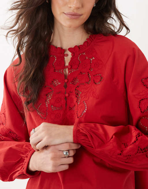 Mango - Blouse en coton brodé à découpes - Rouge, 3 de 4