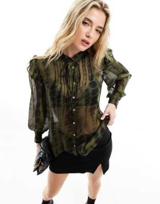 Mango - Blouse met hoge hals en print in kaki