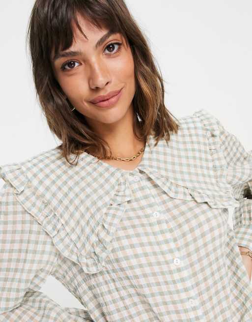 Mango Blouse met kraagje en gingham ruit in saliegroen