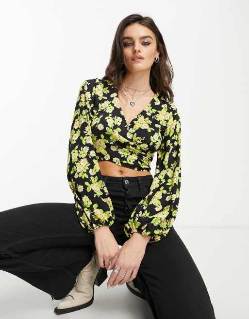 Mango - Blouse met lange mouwen, overslag aan de voorkant en bloemenprint in geel