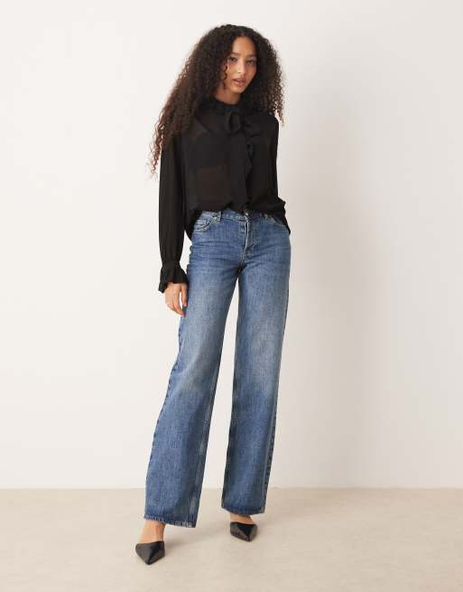 Mango - Blouse met ruches en gestrikte hals in zwart, 2 van 4