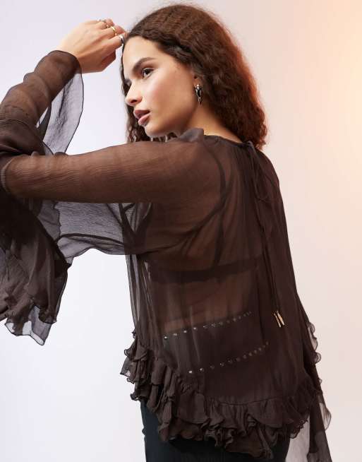 Mango - Blouse met ruches langs de zoom in bruin, 3 van 4