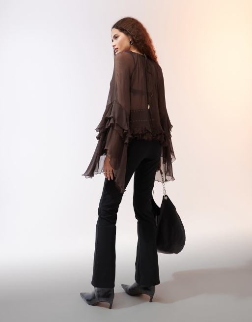 Mango - Blouse met ruches langs de zoom in bruin, 4 van 4