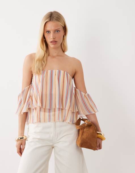 Mango - Blouse rayée à épaules dénudées et volants - Rose et beige - view 1