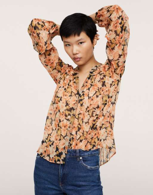 Mango Blouse r tro boutonn e Orange fleuri