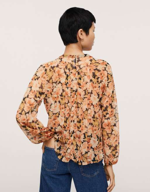 Mango Blouse r tro boutonn e Orange fleuri