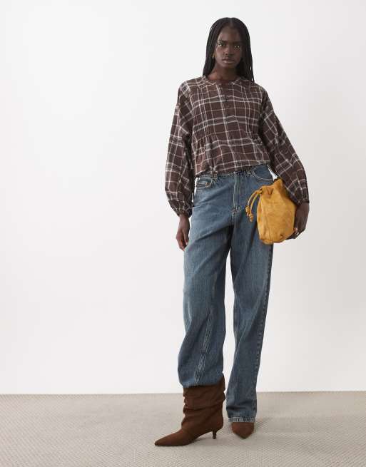 Mango blouse sans col à manches bouffantes à carreaux marron, 2 de 4
