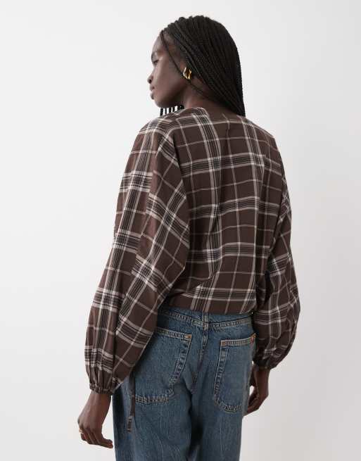 Mango blouse sans col à manches bouffantes à carreaux marron, 4 de 4