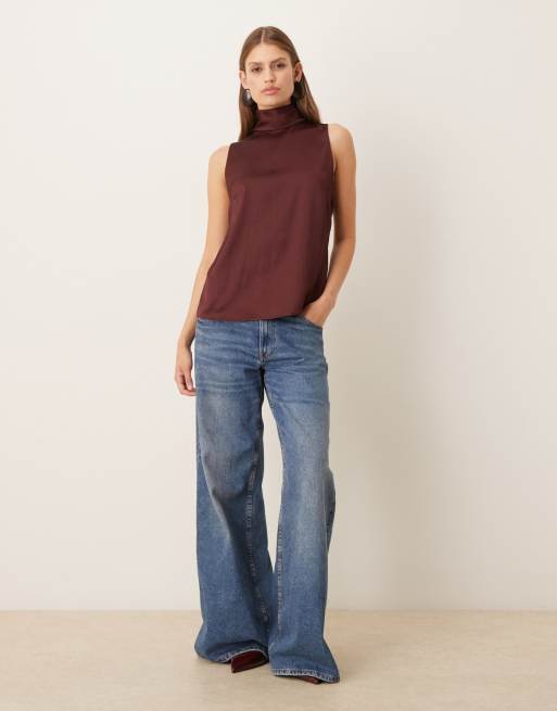 Mango - Blouse sans manches en satin à col montant - Bordeaux, 2 de 4
