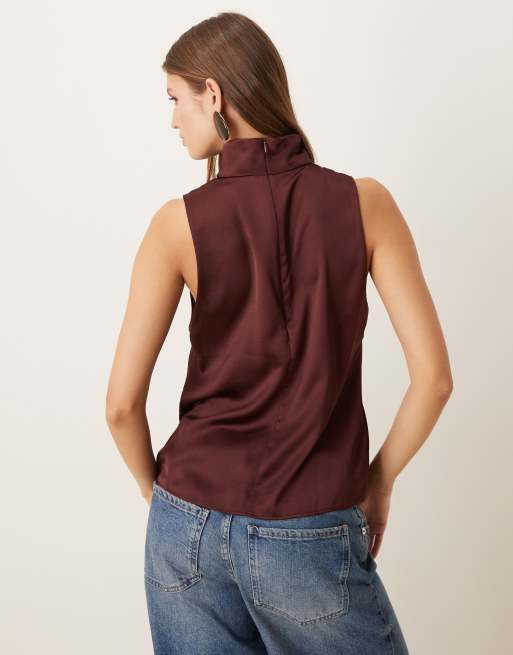 Mango - Blouse sans manches en satin à col montant - Bordeaux, 4 de 4