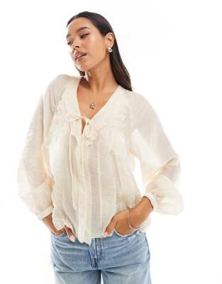 Blouse Mango Femme Taille 38 Beige - Coton, Coupe Près Du Corps, Style Décontracté