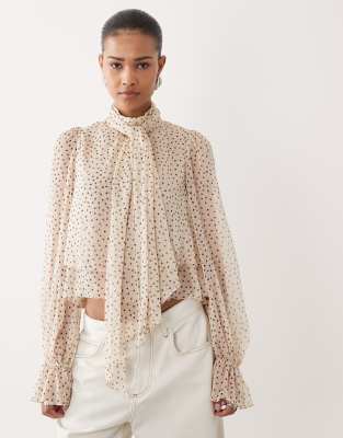 Mango - Blouse volantée à col montant - Crème à pois noirs-Multicolore