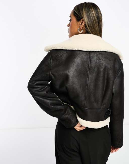 Mango Blouson aviateur avec d tail en fausse fourrure blanche Noir