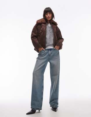Mango - Blouson aviateur en imitation daim avec col en shearling - Marron foncé