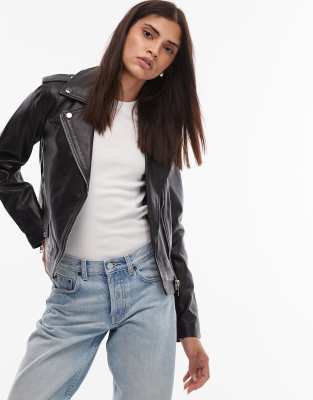 Mango - Blouson en cuir style motard - Noir