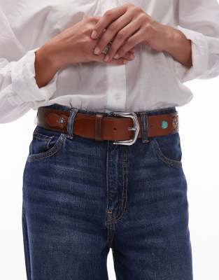 Mango blue and silver mixed stud belt in brown