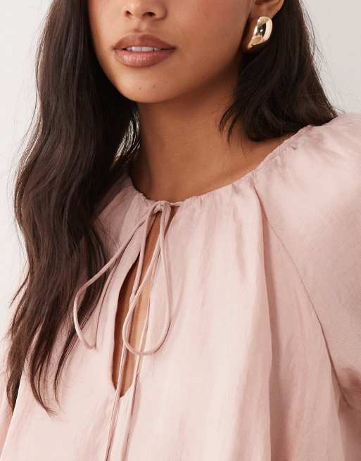 Mango blus med v-ringning och långa ärmar i pastellrosa, 2 av 4