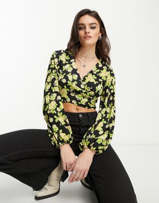 Mango long sleeve wrap front printed blouse in yellow floral - ASOS Price Checker