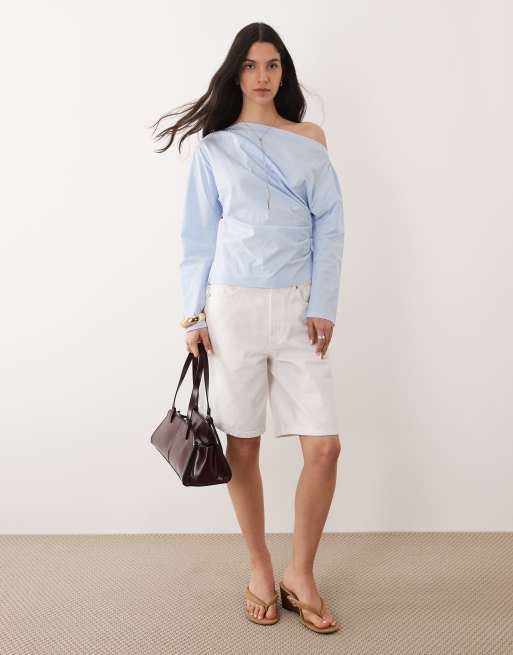 Mango - Blusa a maniche lunghe monospalla stretta in vita blu pallido, 2 di 4