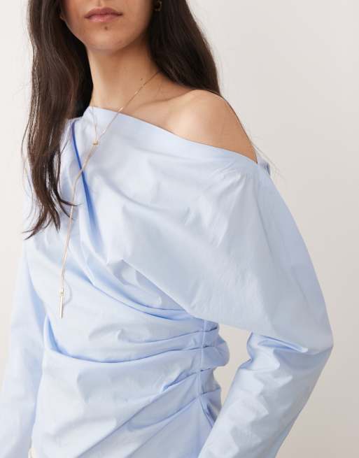 Mango - Blusa a maniche lunghe monospalla stretta in vita blu pallido, 4 di 4