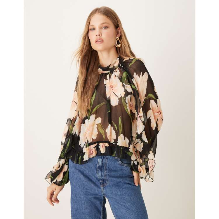 MANGOPOP Top trasparente da donna a maniche lunghe con glitter