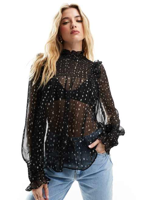 Mango - Blusa accollata a pois, colore nero