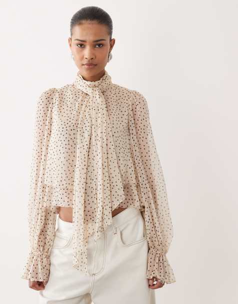 Mango - Blusa accollata con volant color crema e nera a pois - view 1