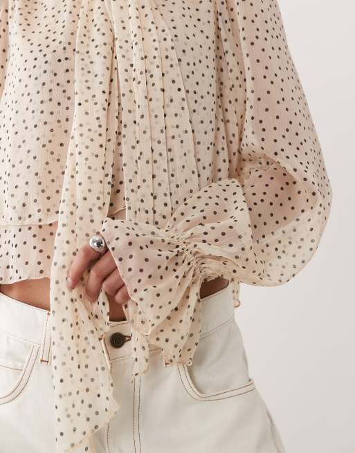Mango - Blusa accollata con volant color crema e nera a pois, 4 di 4