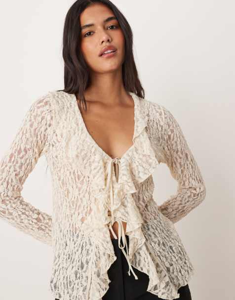 Mango - Blusa beige testurizzata a maniche lunghe con volant - view 1