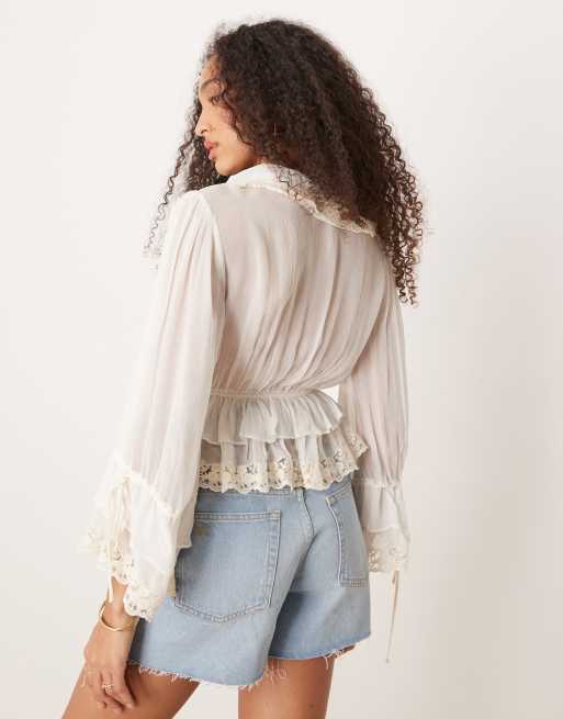 Mango Blusa bianca bohémien allacciata sul davanti con dettagli