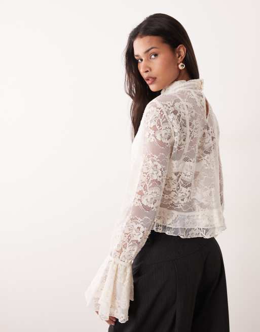 Mango - Blusa in pizzo delicato di misto cotone color crema con volant, 3 di 4