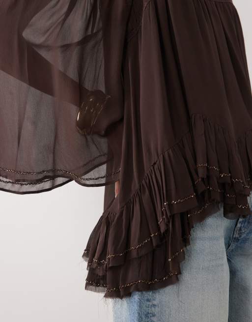 Mango - Blusa marrone con scollo quadrato e mezze maniche con volant, 3 di 4