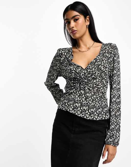 Mango - Blusa nera a fiori con dettaglio arricciato