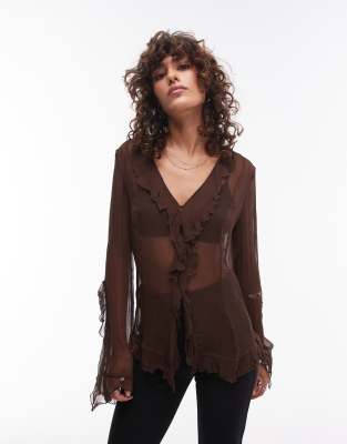 Mango - Bluse aus Netzstoff in Braun mit Bindedetail-Brown