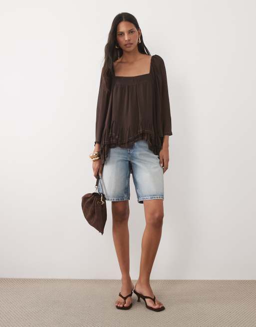 Mango – Bluse in Braun mit eckigem Ausschnitt und halblangen Ärmeln, 2 von 4