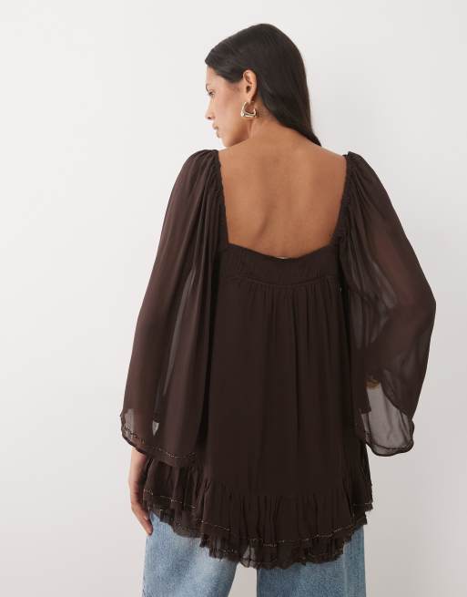Mango – Bluse in Braun mit eckigem Ausschnitt und halblangen Ärmeln, 4 von 4