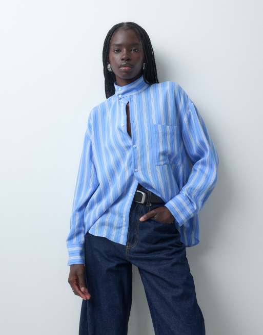 Mango bluzka ze stójką i długim rękawem we wzór w niebieskie paski, 4 z 5